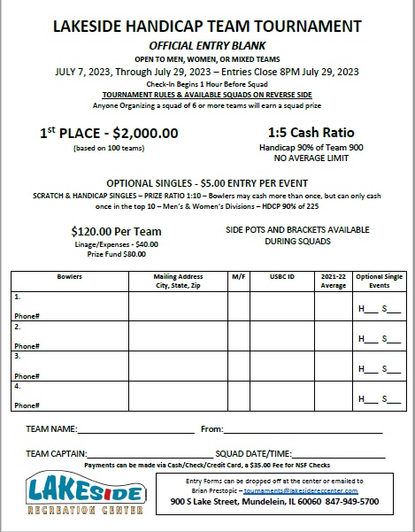 Lakeside Recreation Center Handicap Team Bowling Tournament, Mundelein, Illinois Lakeside Recreation Center Handicap Team Bowling Tournament, Mundelein, Illinois